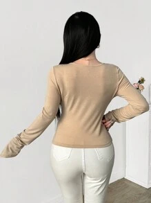 Modelyn 女士前系带长袖蝴蝶印花简约休闲上衣，日常穿着 - 卡其色 - 查看 2