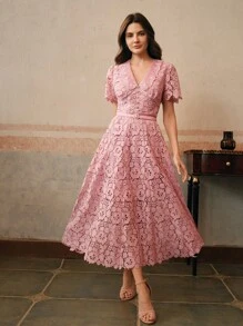 Anewsta Đầm midi bó sát cổ chữ V, eo thắt thanh lịch cho nữ có ren tan trong nước - Hồng - Xem 4