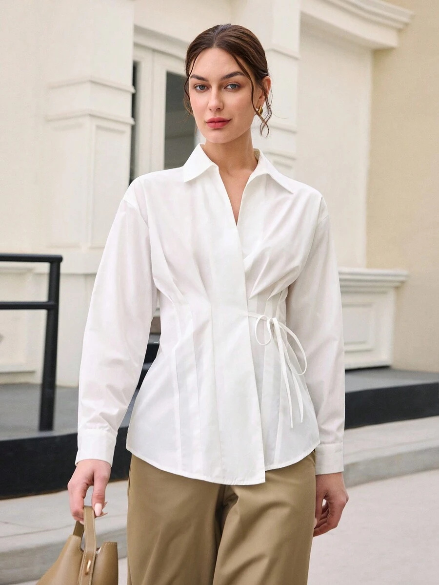 BizChic White Lace Up Long Sleeve Blouse, Commute Women Clothing Suitable For New Year Party, Valentine's Date, Spring Summer - White - View 1