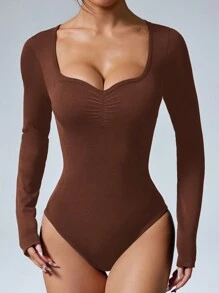 Easithlete 1 件女式纯色甜心领长袖修身无缝紧身衣 - 咖啡棕 - 查看 4
