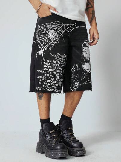 Street Life Men's Casual Loose Fit Cartoon Print Pocket Jeans, Everyday Wear