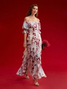 MOTF PREMIUM 花卉印花垂坠露肩连衣裙 - 彩色 - 查看 2