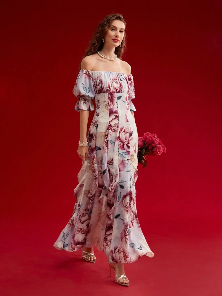 FLORAL PRINT DRAPED OFF SHOULDER DRESS,SPRING/SUMMER