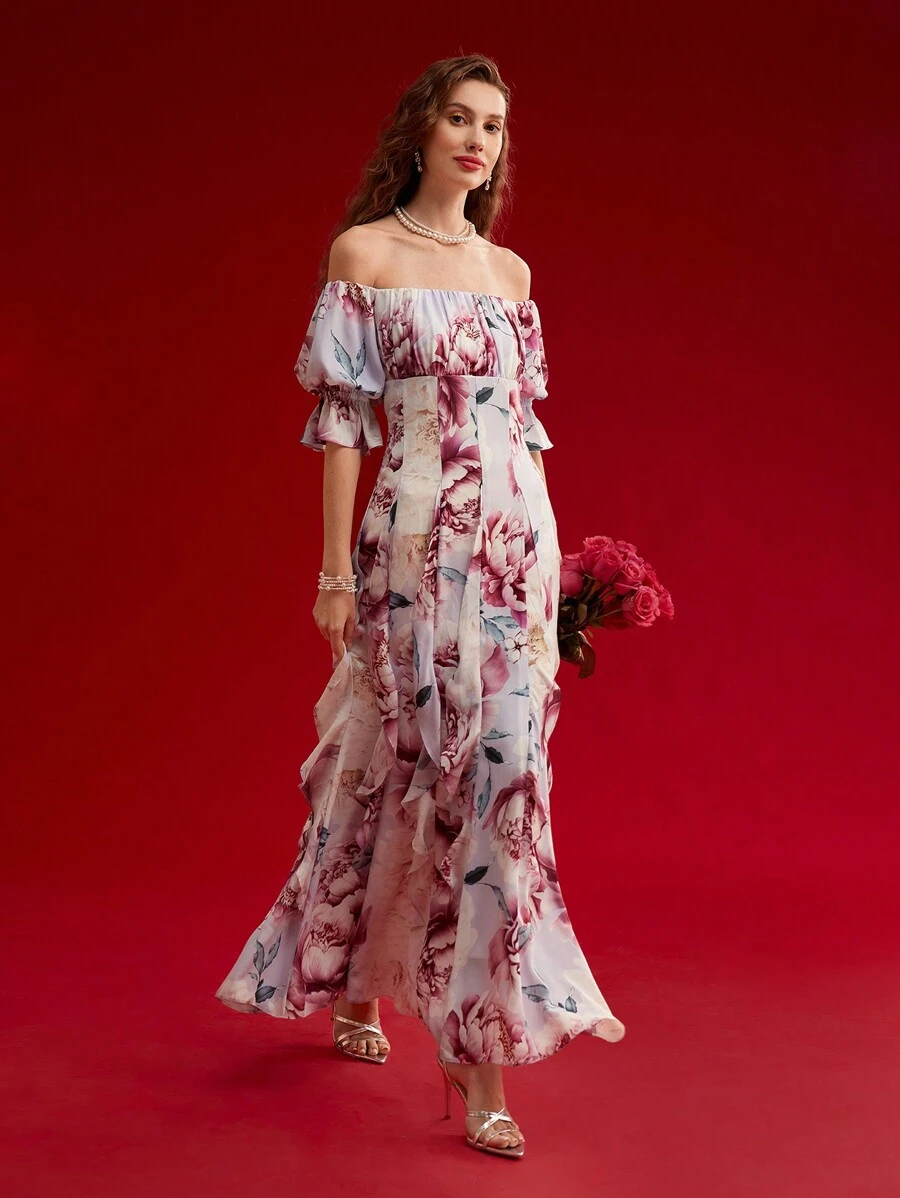 MOTF PREMIUM 花卉印花垂坠露肩连衣裙