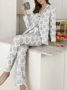 RueChic Women 2 Pcs Button Front With Contrast Printed Detail Homewear PJ Set - White - View 1