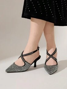 CUCCOO CHICEST Zapatos de tacón alto con puntera puntiaguda y decoración de cristales, elegantes y de moda para mujeres - Plateado - Ver 3
