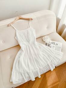 SHEIN Frenchy Plus Size Graduation Dress White Leisure Resort Textured Chiffon Waist Flare A-Line Cami Dress