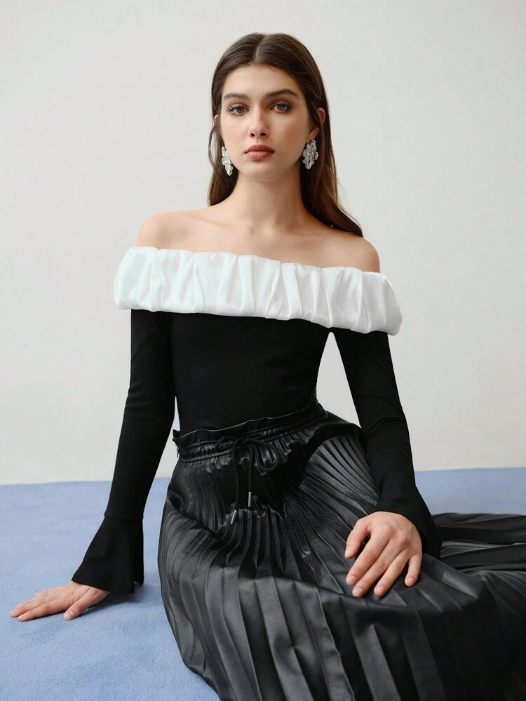 MOTF STUDIO COLORBLOCK RUCHED OFF SHOULDER T-SHIRT,VALENTINE'S DAY,SPRING/SUMMER