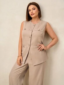 SHEIN Clasi Plus Size Women Spring Elegant Suit Set, Versatile For Daily Office Commute - Khaki - View 5