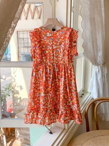 SHEIN Vestido Solto de Gola Redonda com Floral Miúdo Elegante Francês para Meninas, Primavera/Verão - Multicolorido - Visão 2