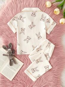 2pcs/Set Young Girl Cute Rabbit Print Short Sleeve Shirt And Long Pants Home Outfit, Casual And Comfortable - Apricot - View 2