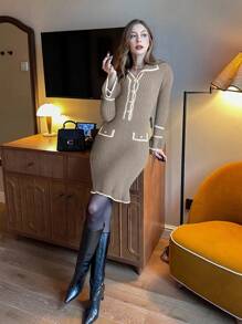 Chiquease 优雅女士纽扣半襟长袖毛衣裙，秋冬 - 香檳色 - 查看 3