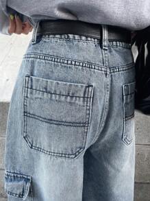 FRIFUL 女式休闲宽松大口袋牛仔裤 - 藍色 - 查看 7