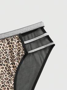 ROMWE Grunge Punk 1 pieza Ropa interior de tela de PU con estampado de leopardo, de cintura elástica en tono negro punk plateado