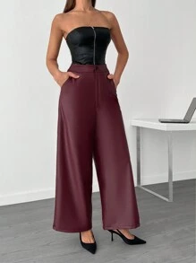 RueChic NEW SEASON COLOR BURGUNDY LEATHER WIDELEG PANTS - Burgundy - View 5