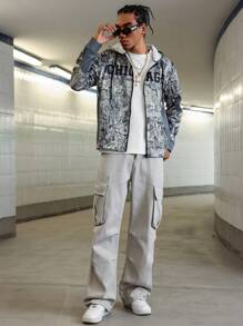 PAVTROS Manfinity Streetrush Men's Letter Print Zip Front Hooded Sweatshirt With Drawstring - Grey - View 5