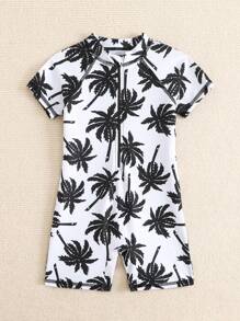 SHEIN Traje de baño de una pieza con estampado de árbol de coco para bebé niño - Blanco y Negro - Ver 5