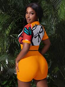 Slaydiva 1 Set V-Neck Portrait Print Cropped Tight Top And Tight Mini Shorts, Vacation Outfit - Style C - Coral Orange - View 2