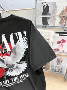 SHEIN 2 pezzi Set stile di strada adolescente vintage, maglietta a maniche corte nera in maglia oversize con stampa grafica di rose rosse e simboli della pace, e pantaloncini abbinati, adatto per l'estate, per uscire in primavera, abbigliamento da ragazzo adolescente, giacche primaverili per il ritorno a scuola