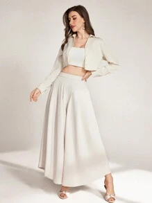 Modelyn Set de 2 piezas de top de manga larga con botones delanteros y pantalones largos de unicolor para mujer - Albaricoque - Ver 1