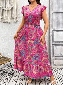 SHEIN LUNE Váy dài họa tiết Paisley cỡ lớn cho kỳ nghỉ thường ngày Boho mùa hè Boho Old Money trang phục mùa hè cho phụ nữ trang phục nghỉ xuân Rave lễ hội trang phục nghỉ xuân - Màu Hồng Tươi - Xem 4