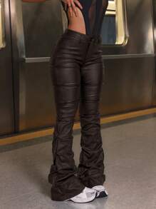 Jeanoix Women's Fashionable Solid Color Ruched Slim Fit Flare Pants - Chocolate Brown - View 5