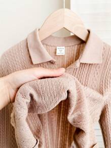 SHEIN Kids/Young Boys Casual Korean Style Loose Knitted Collared Pullover Polo Shirt, Suitable For School, Garden, Beach, Birthday, Spring, Summer, Autumn, Winter Seasons - Khaki - View 4