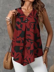 EMERY ROSE Women's Summer Sleeveless V-Neck Shirt With Geometric Pattern