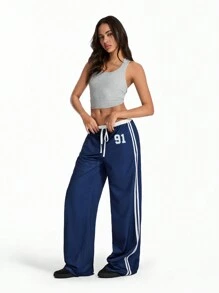 TRNVIE 复古运动风格拼色条纹休闲宽松裤，女式低腰直筒裤，百搭