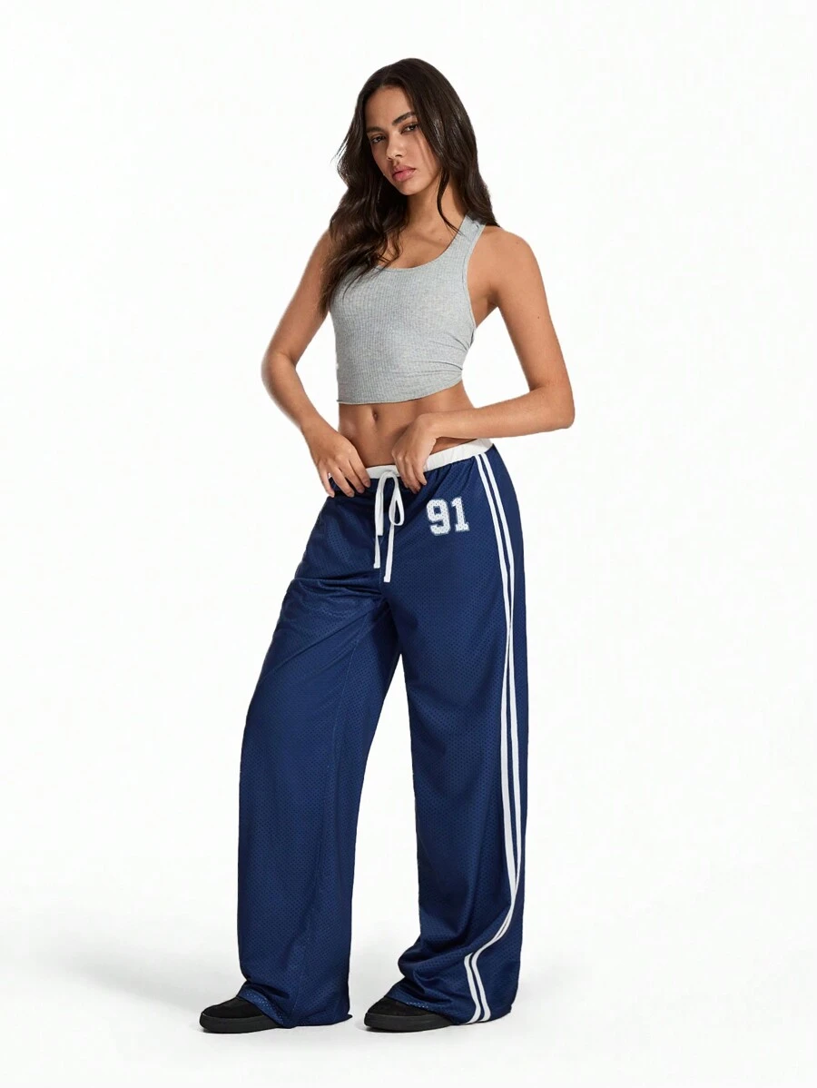 TRNVIE 复古运动风格拼色条纹休闲宽松裤，女式低腰直筒裤，百搭