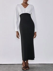 Chiquease 女士撞色 V 领长袖优雅修身长裙