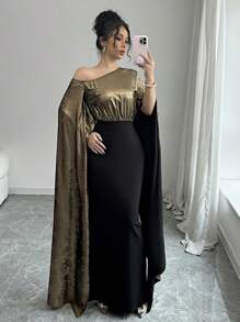 Elenzga Elegant Women's Luxury Evening Gown With Large Flared Sleeves And Gold Foil Details - Multicolor - View 6