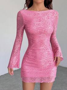 SHEIN PETITE Sexy Pink Jacquard Mesh Backless Long Sleeve Party Dress For Women