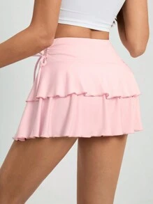 SHEIN Tall Drawstring Waistband Cake Skirt Simple Fashionable Daily Casual - Baby Pink - View 2