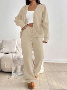 Flirla Women 2 Pieces V-Neck Jacket And Drawstring Waist Straight Leg Joggers Set, Fashion Casual Home Outfit For Autumn/Winter