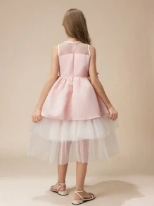 Tween Girl 优雅奢华粉色圆领花卉分层薄纱派对礼服，适合庆典、派对、节日、婚礼、花童、生日舞会等正式场合 - 粉色 - 查看 2