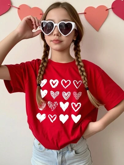 Sparklyn Camiseta de manga corta básica con gráfico de corazón de moda informal para niña preadolescente