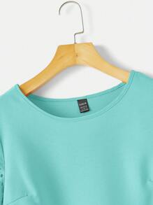 SHEIN Clasi 女士纯色圆领短袖镂空编织衬衫 - 薄荷藍 - 查看 3