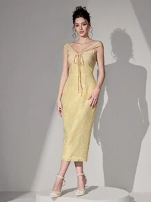 SHEIN Belle 女士优雅前系带修身鸡尾酒会礼服、正式派对礼服、婚礼宾客礼服 - 黃色 - 查看 4