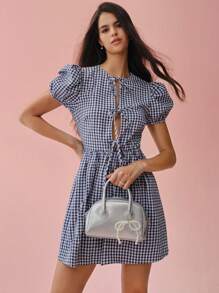 Enchnt Spring/Summer Romantic Women's  Plaid Puff Sleeve Tie Waist Short Dress
,Sweet&Elegant,For Birthday&Sweet Date Night&Garden Parties&Daily Commuting - Pink - View 5