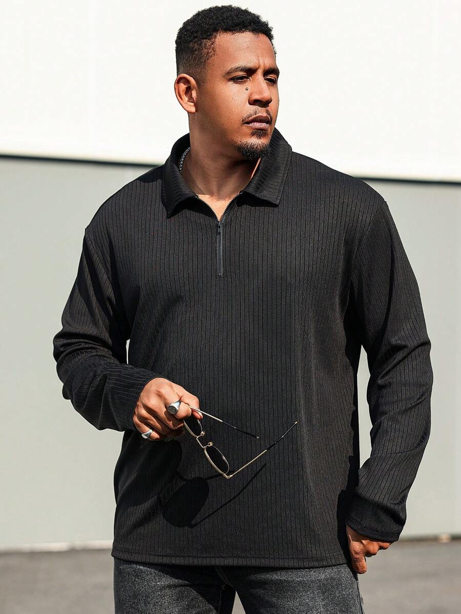 Manfinity Homme Áo thun polo tay dài màu trơn thường ngày cỡ lớn dành cho nam, mùa thu - màu đen - Xem 1