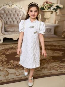 SHEIN Young Girl's Stand Collar, Puff Sleeve, Elegant Jacquard Hanfu