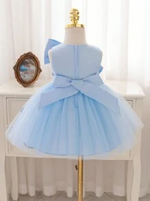Glamorique Kids Baby Girls' Christmas Party Dress, New Autumn/Winter Luxury Children Pageant Gown, Satin Bow & Tulle Layered Sleeveless High-End Quality Infant Dress In Green - Baby Blue - View 2