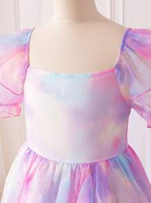 SHEIN Tween 女童彩色欧根纱方领泡泡袖缀饰长裙