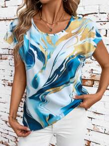 SHEIN Clasi Camisa de mujer con cuello redondo, diseño dorado de patrón ondulado azul para uso diario