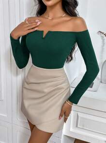 SHEIN Privé Maglietta aderente a maniche lunghe con spalle scoperte, in maglia a coste, di colore unito, di moda per donna