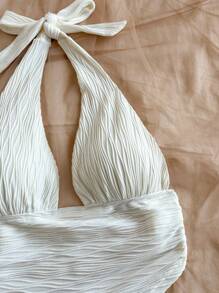 Soleia 纹理三角形下摆贴身挂脖背心，适合女士、度假、音乐节、波西米亚风、节日、约会、夏季上衣 - 白色 - 查看 6