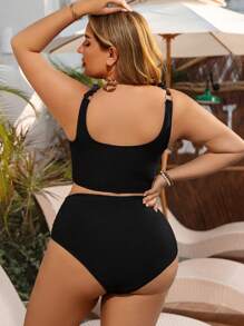 SHEIN Swim Curve Plus Size Women Solid Color Sexy Tie Shoulder Tankini Set, Suitable For Summer Beach Vacation - Black - View 2