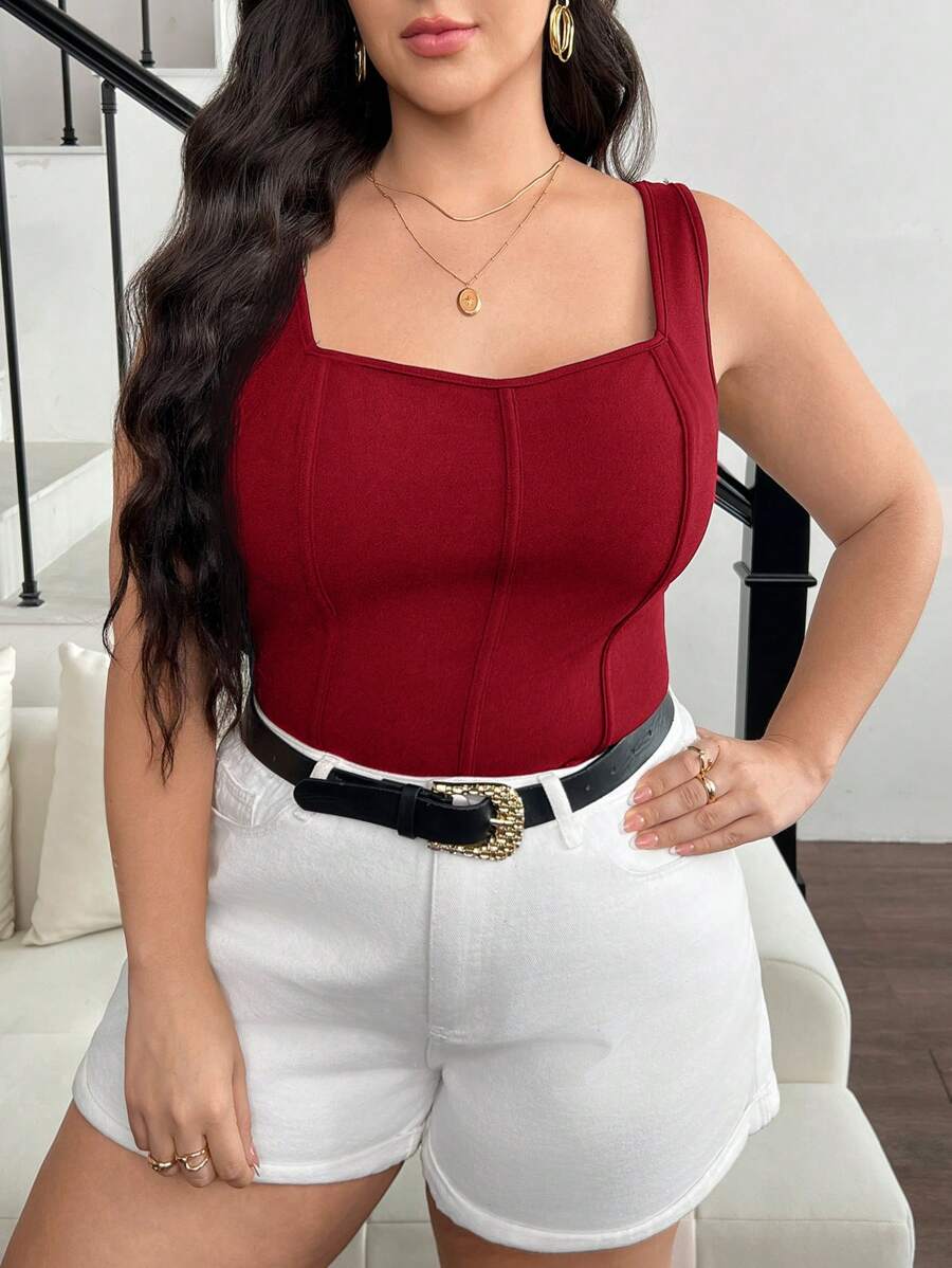 SHEIN Frenchy Áo ba lỗ xương cá màu trơn cỡ lớn cho nữ mùa hè - Đỏ - Xem 1