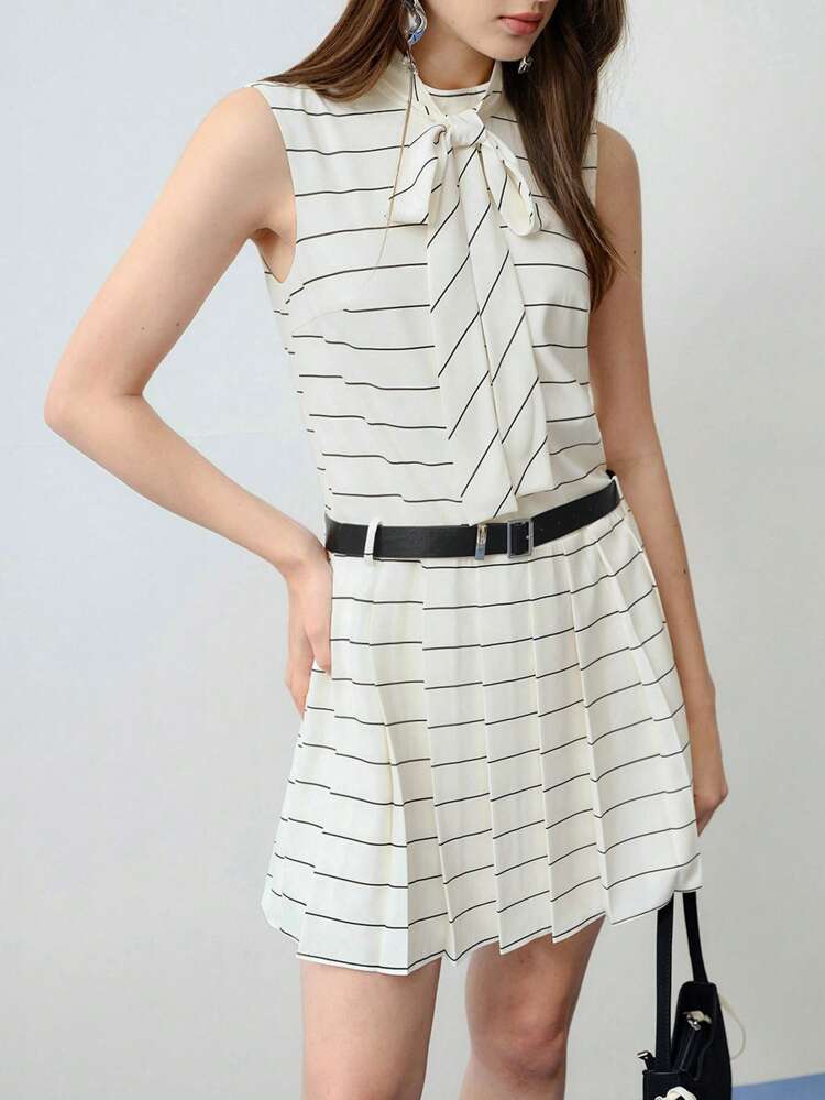 MOTF STUDIO WOMEN'S STRIPED PLEATED DRESS WITH BELT,SPRING/SUMMER